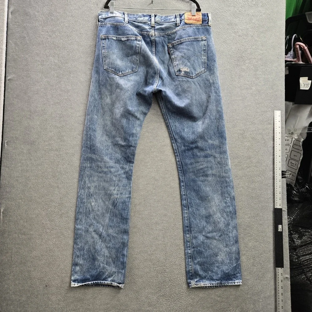 Levi's 501 Men Jeans 38X34 Light Blue Denim Original Fit Straight Leg Distressed